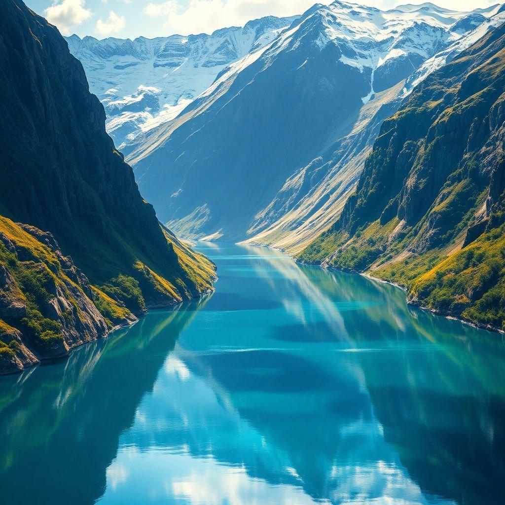 A stunning landscape featuring snow-capped mountains, a tranquil river, and vibrant greenery. The perfect backdrop for your desktop or mobile wallpaper.