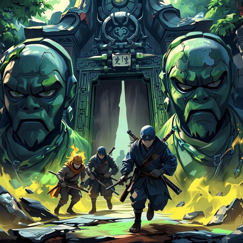 In this anime illustration, a group of skilled ninjas are stealing past the temple guardians in the dead of night. The lush green and mystical blue tones set the stage for their daring heist, as they sneak through the ancient ruins under the watchful eyes of the towering statues.