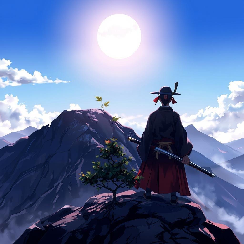 Ein einsamer Samurai, der auf eine atemberaubende Landschaft bei Sonnenuntergang blickt.