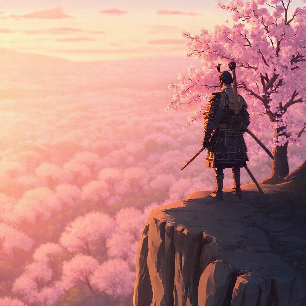 A serene anime image of a lone samurai standing on a cliff, overlooking a cherry blossom forest, bathed in soft light, capturing a moment of tranquility.