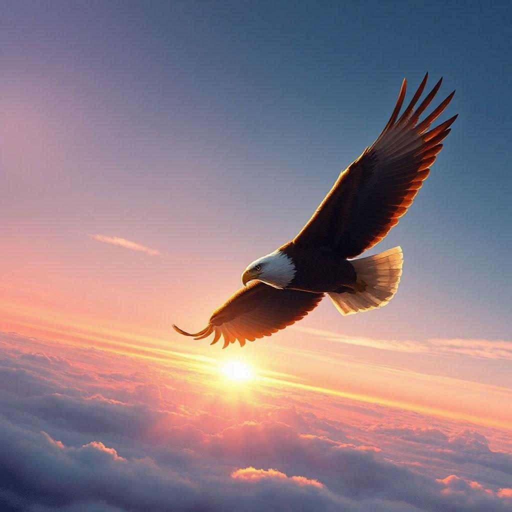 An eagle takes flight, soaring high in the sky as the sun rises on a clear day, symbolizing freedom and new beginnings.