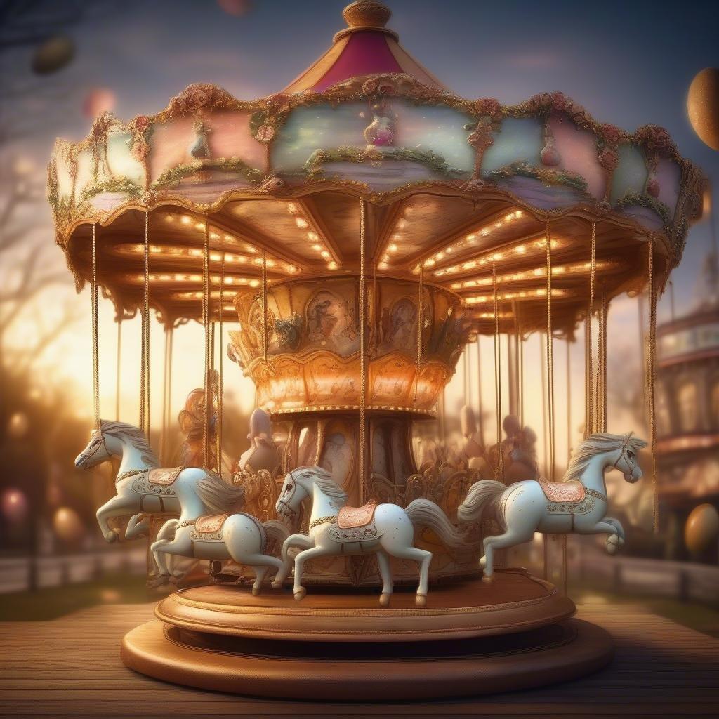 A vibrant scene at the Easter carnival, featuring a colorful merry-go-round with jester horses and lively children's laughter.