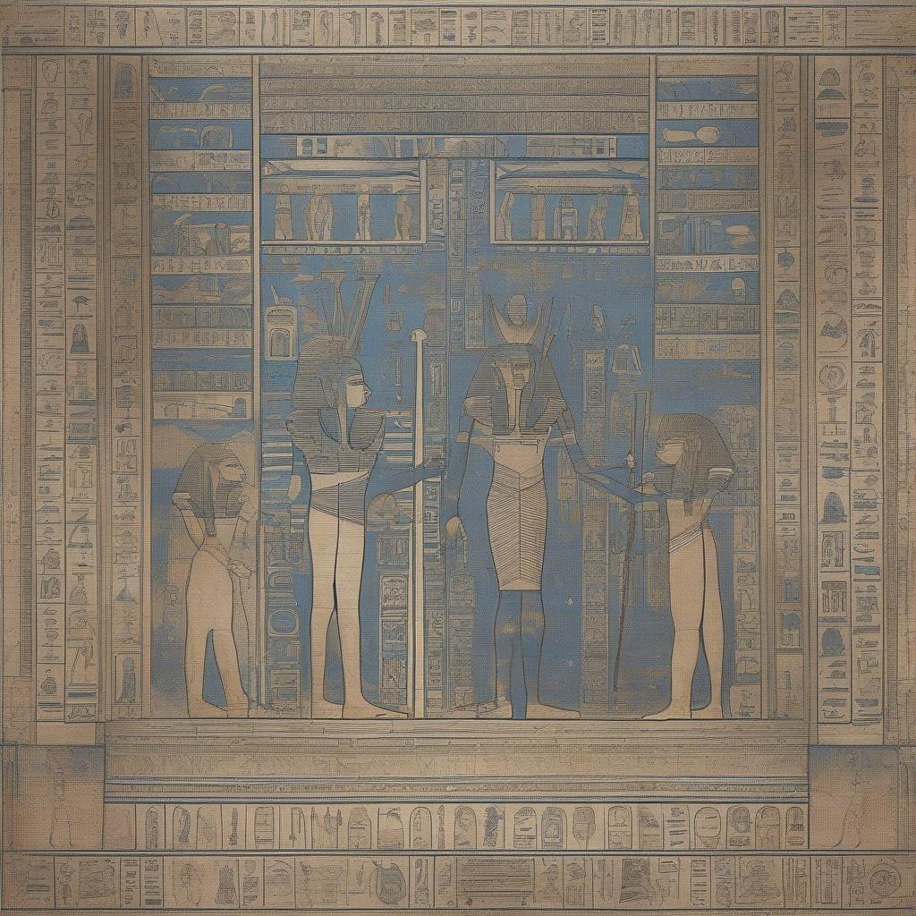 A captivating scene of ancient Egyptian hieroglyphics, with a pair of pharaohs and scribes engrossed in their work.