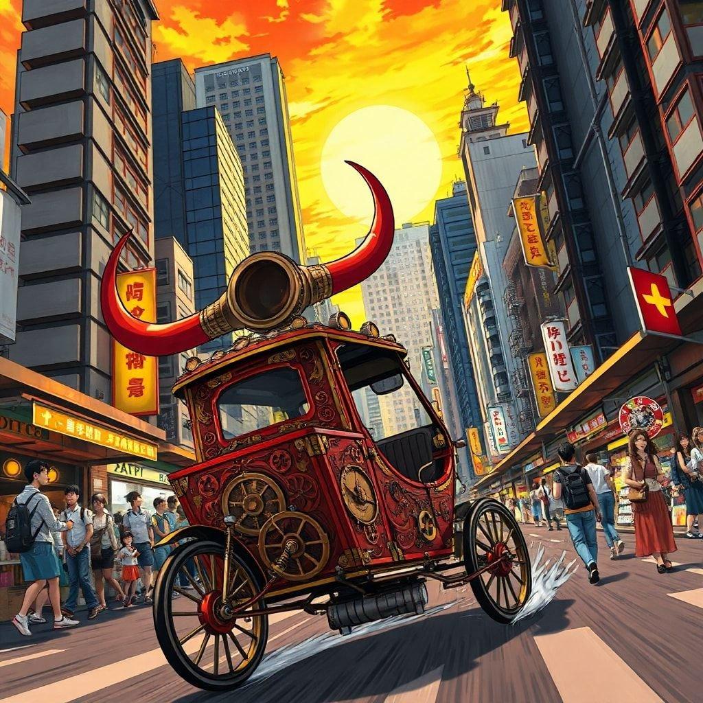 This anime-style illustration captures the essence of steampunk with a rickshaw racing through the vibrant streets of Tokyo, set against a stunning sunset backdrop.