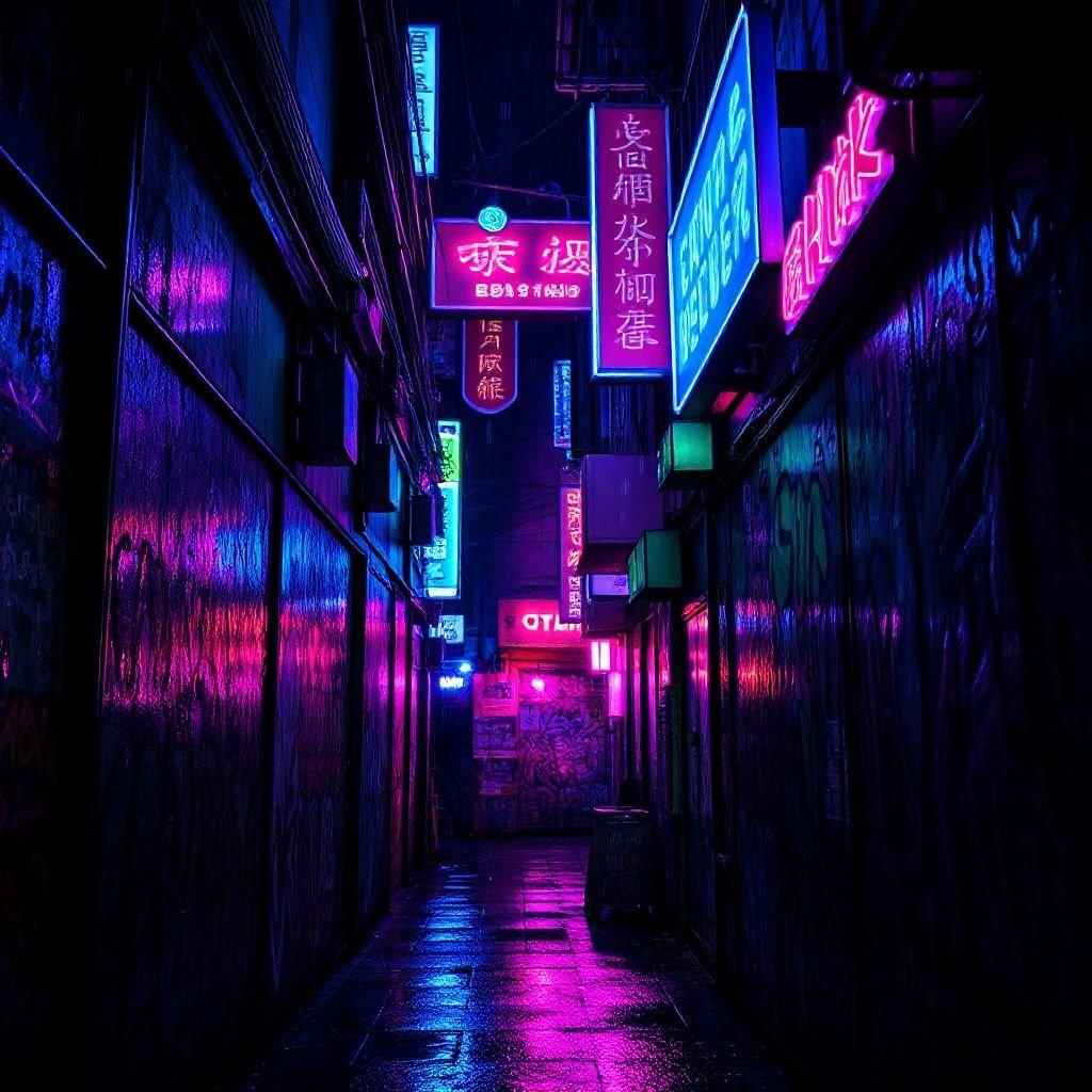 A cyberpunk night scene with neon signs illuminating the rain-soaked alleyway.