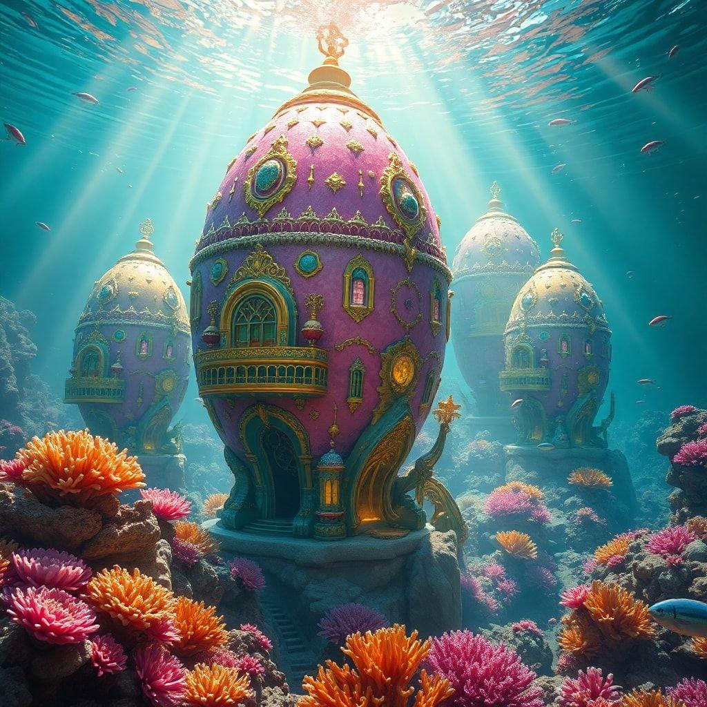 Discover the magical Easter celebration beneath the waves, where pink eggs of gold and crystal cast a mystical glow on coral reefs.