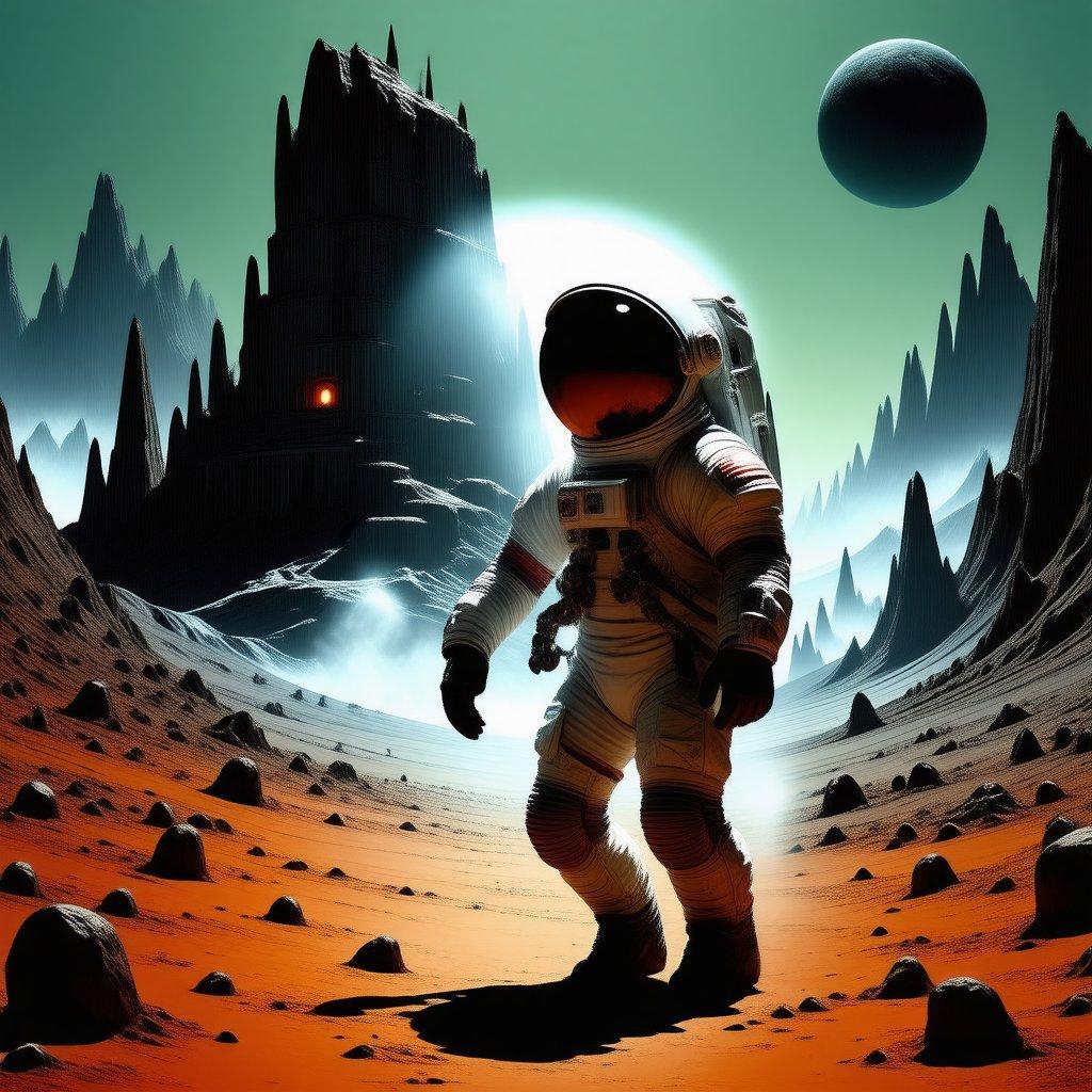 Explore the vastness of space with this stunning wallpaper featuring an astronaut on an alien planet. The astronaut is dressed in a white spacesuit and is walking on a barren, rocky landscape, surrounded by towering mountains and a greenish-gray sky. This image is perfect for anyone who loves space and astronomy.