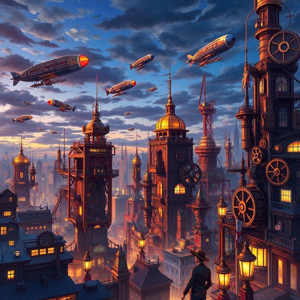 Préparez-vous à être transporté dans un monde d'engrenages complexes, de rouages et de machines à vapeur avec ce magnifique fond d'écran de paysage urbain steampunk. Parfait pour les fans de science-fiction et de fantasy, cette image capture l'essence d'une époque révolue avec une touche futuriste.