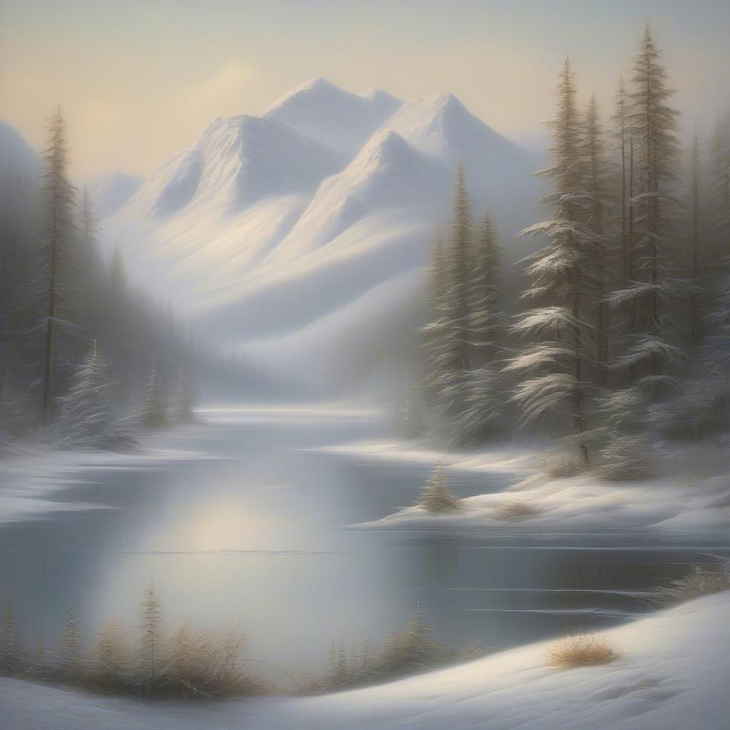 A serene mountain lake scene, perfect for the Festive Winter season. This idyllic snow-covered landscape evokes a sense of peacefulness and tranquility, making it an ideal background for your digital devices.