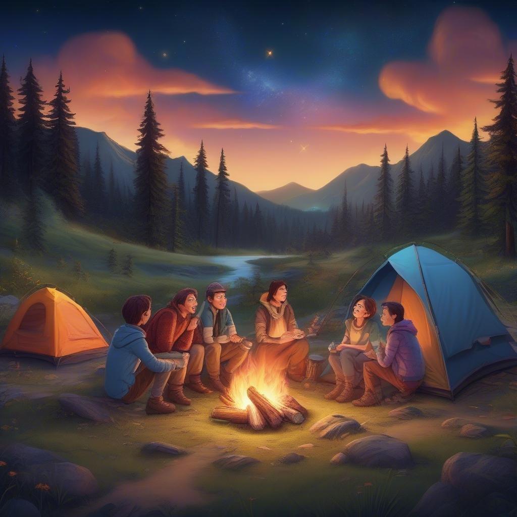 A casual family camping trip under the starlit night sky in a serene mountain meadow, perfect for Mother's Day celebrations.