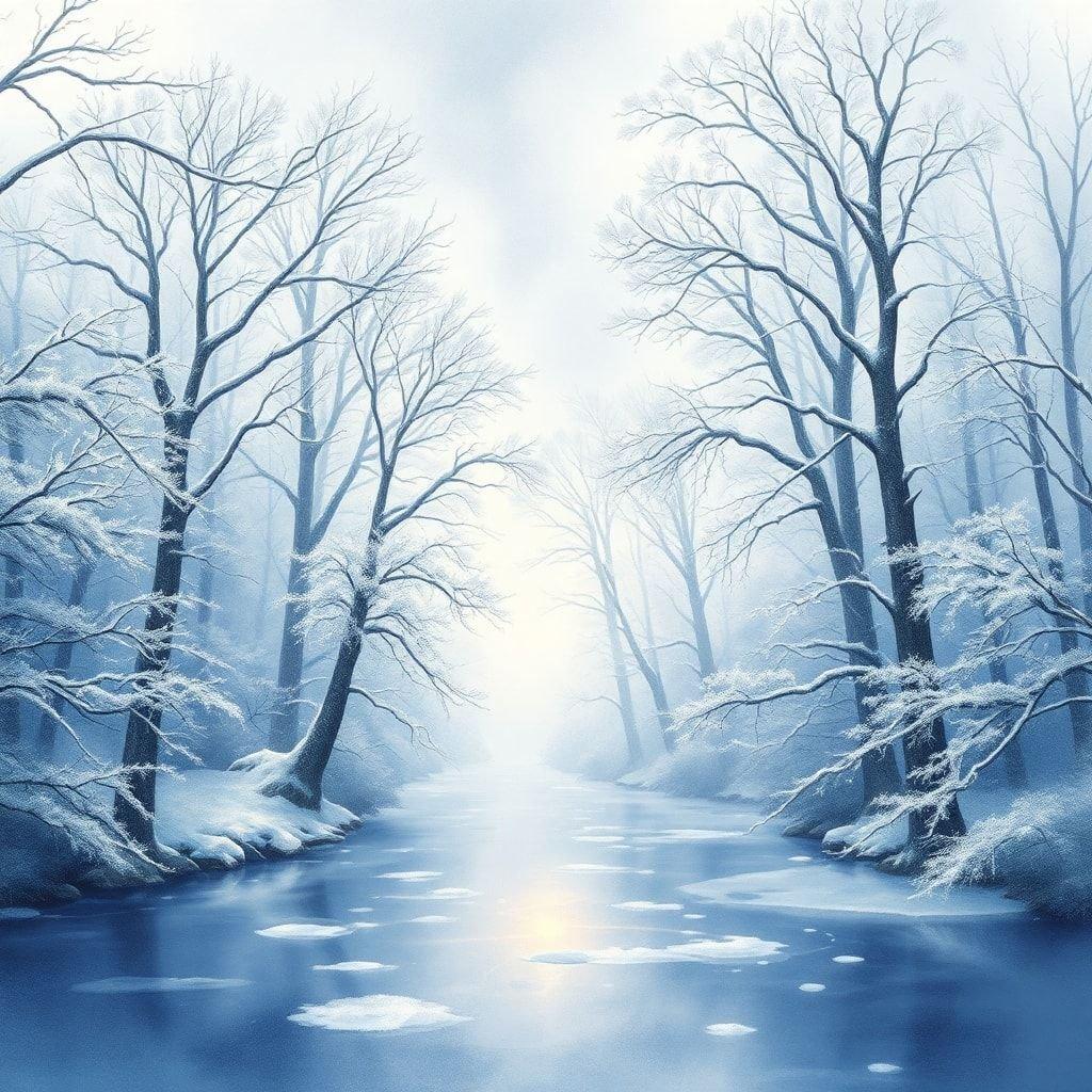 This serene winter scene features a frozen forest, with snow-covered trees and a frozen lake in the background. The image is perfect for those who love the beauty of nature and the tranquility of the winter season.