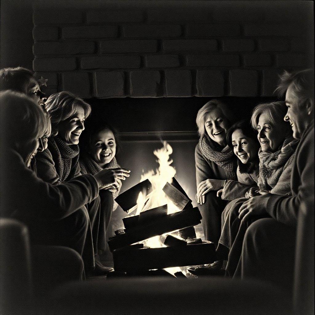 A heartwarming scene of a family enjoying each other's company around a warm fireplace, creating a sense of togetherness and comfort.