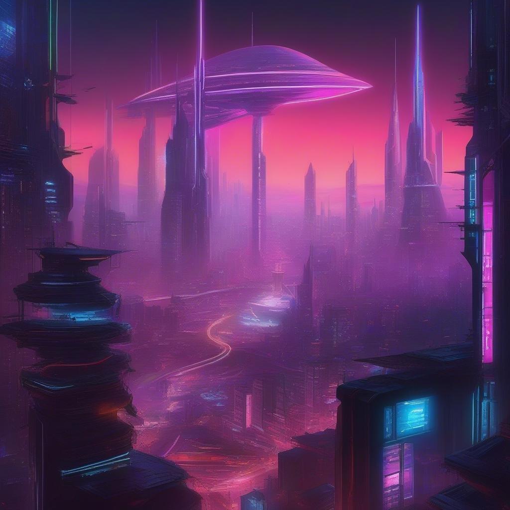 Explorez le paysage urbain futuriste en néon où la technologie cybernétique et les gratte-ciel atteignent les étoiles. Ce fond d'écran cyberpunk est parfait pour le bureau ou le mobile afin d'apporter une touche de fantaisie dystopique à votre maison numérique. Plongez-vous dans un monde de gratte-ciels, de structures imposantes et de lumières mystérieuses qui peignent une image évocatrice d'une métropole animée à la lisière de l'inconnu.