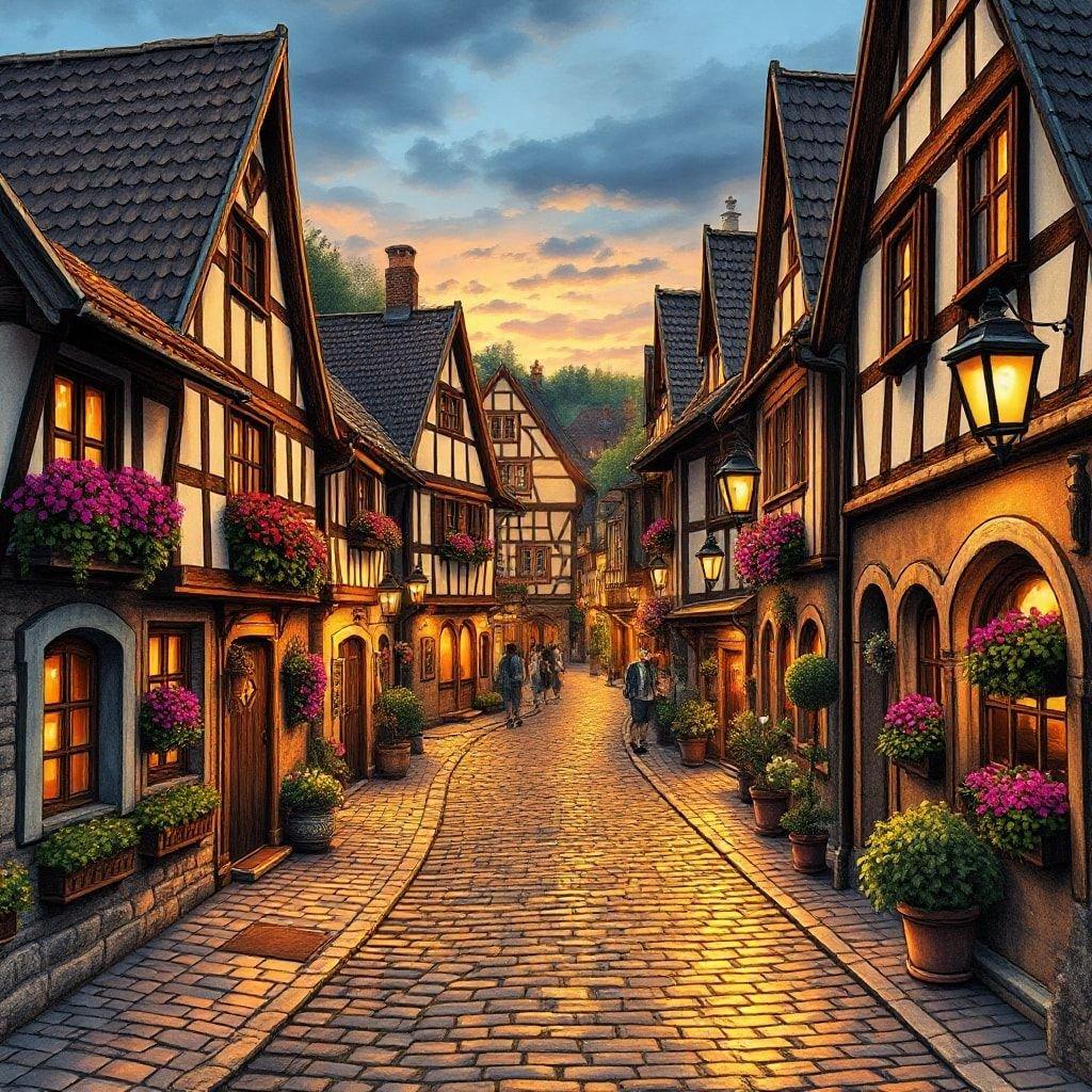 A captivating cobblestone street bathed in the warm glow of lanterns, leading to a village reminiscent of Oktoberfest.