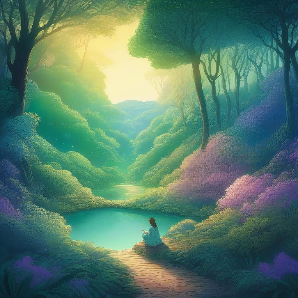 Immerse yourself in this fantastical forest bathed in the warm, ethereal glow of a mystical light. A solitary figure sits serenely on a rock by a tranquil pond, their presence adding to the magical and surreal atmosphere.