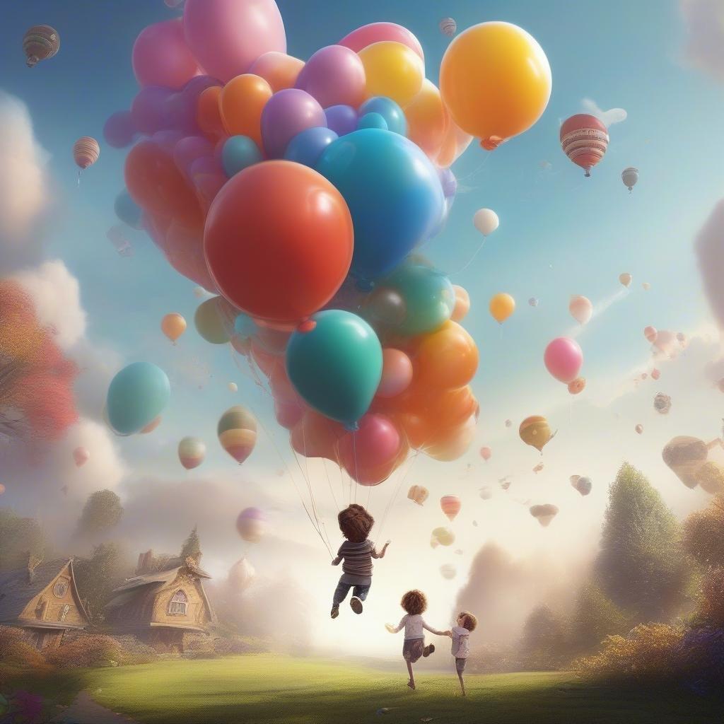 A heartwarming scene of children playing with colorful balloons, reminiscent of the beloved Pixar film Up.