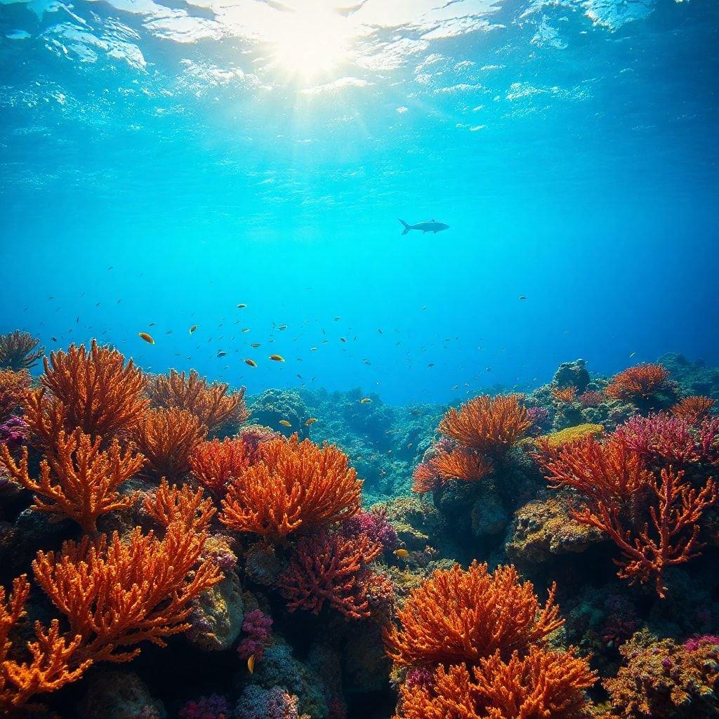 Experience the vibrant life under the ocean with this breathtaking coral reef scene. Watch as fish dart in and out of the coral structure, basking in the sunlight filtering down from above.