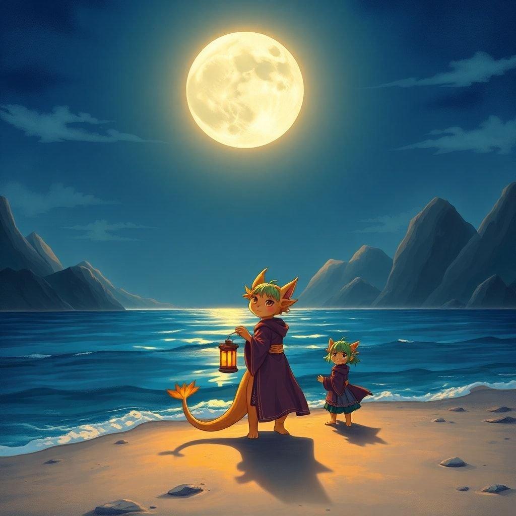 A serene and enchanting scene of mythical creatures on a moonlit beach, captured in a detailed digital illustration.