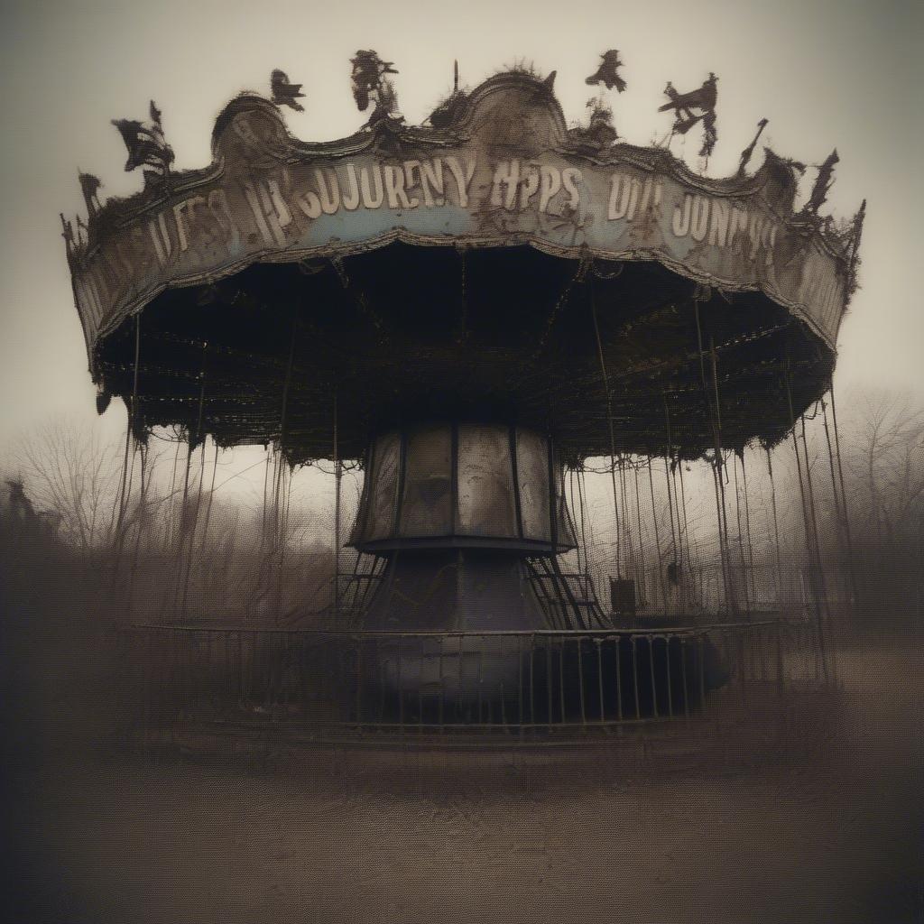 A hauntingly beautiful image of an abandoned carousel, with the words 'JUJURENY HPPS' and 'DJ JONNY' still visible on the structure. The carousel's broken and worn-out parts add to the sense of neglect and abandonment.