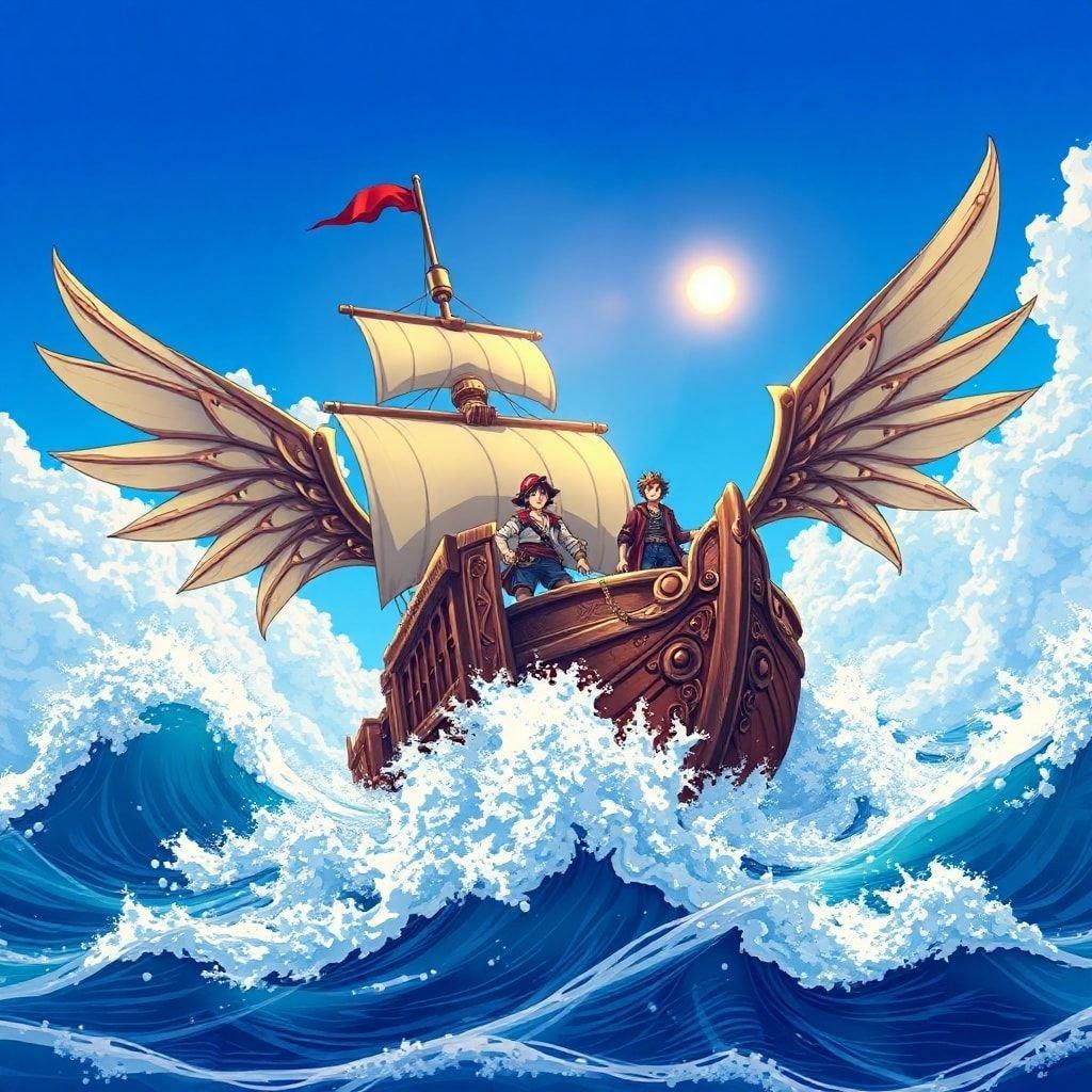 This anime-style wallpaper captures the essence of adventure and determination as a team of pirates sails across the ocean. The detailed illustration showcases the massive ship with its impressive wings and intricate details, while the two pirates in the foreground add a sense of scale to the scene. The image is perfect for desktop and mobile use, offering a high-speed digital illustration that brings the pirate's journey to life.