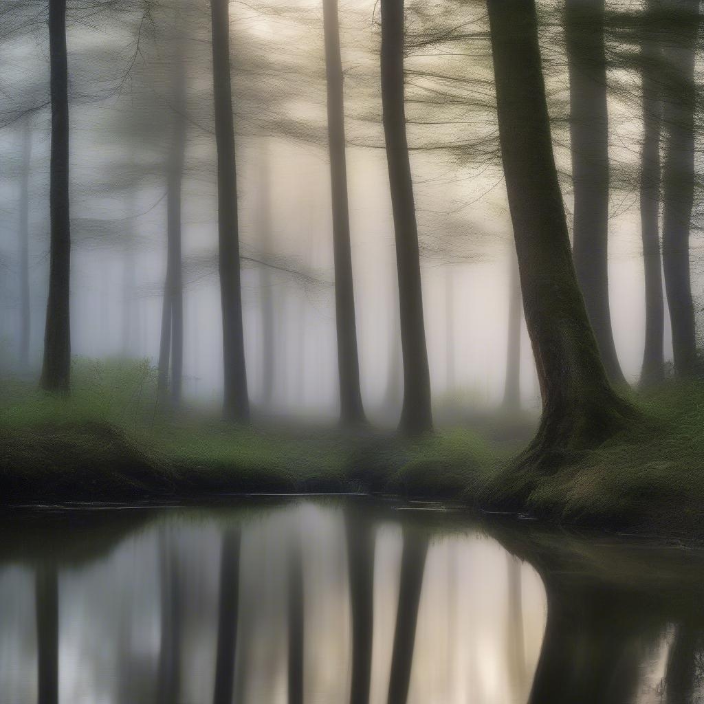 This image captures the serene beauty of a forest in the early morning, with the sun peeking through the trees and casting a warm glow on the landscape. The misty atmosphere adds to the mystique of the scene, making it feel like a hidden treasure waiting to be discovered.