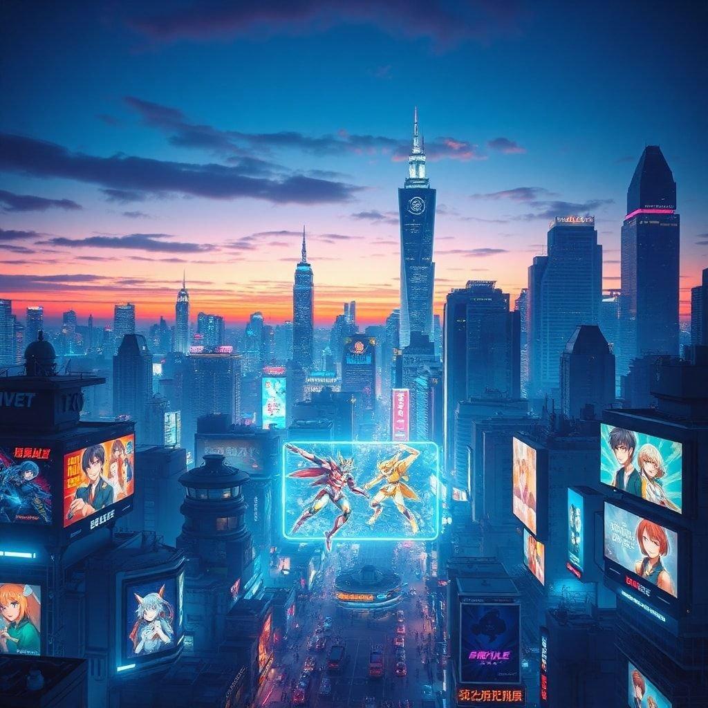 A futuristic cityscape at dusk, with a vibrant neon-lit skyline of tall skyscrapers and a bustling metropolis in the foreground, featuring a large hologram that captures an anime vibe.