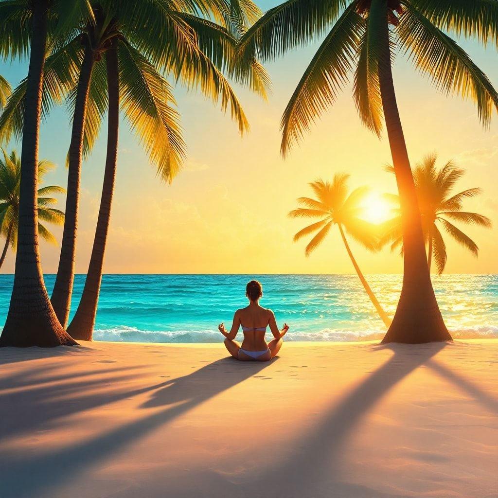 A serene moment of inner peace, as the sun sets over a tropical beach and an individual engages in a calming yoga session.