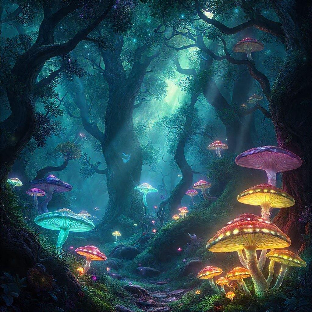 Embark on an enchanting journey through this mystical forest filled with vibrant mushrooms. The path leads you deeper into the heart of the woodland, where magical creatures may lurk around every corner.