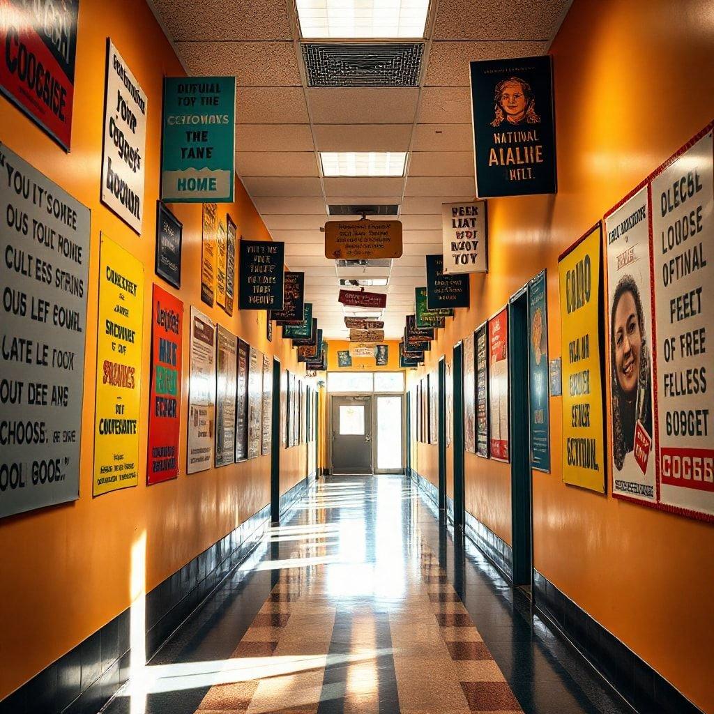 The hallway is filled with colorful posters, each conveying a message or announcement. The walls are vivid and eye-catching, reflecting the school's creativity and energy.