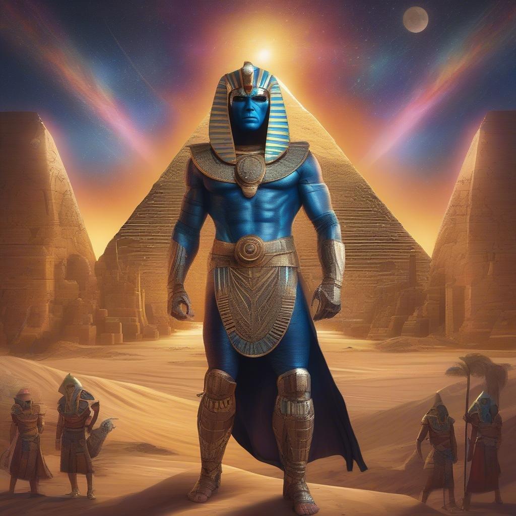 Ce magnifique fond d'écran présente un super-héros égyptien ancien se tenant devant une pyramide, dégageant puissance et mystère. La peau bleue du super-héros et les accents dorés rappellent les anciens pharaons égyptiens, tandis que la pyramide en arrière-plan ajoute un sens de grandeur et d'histoire.