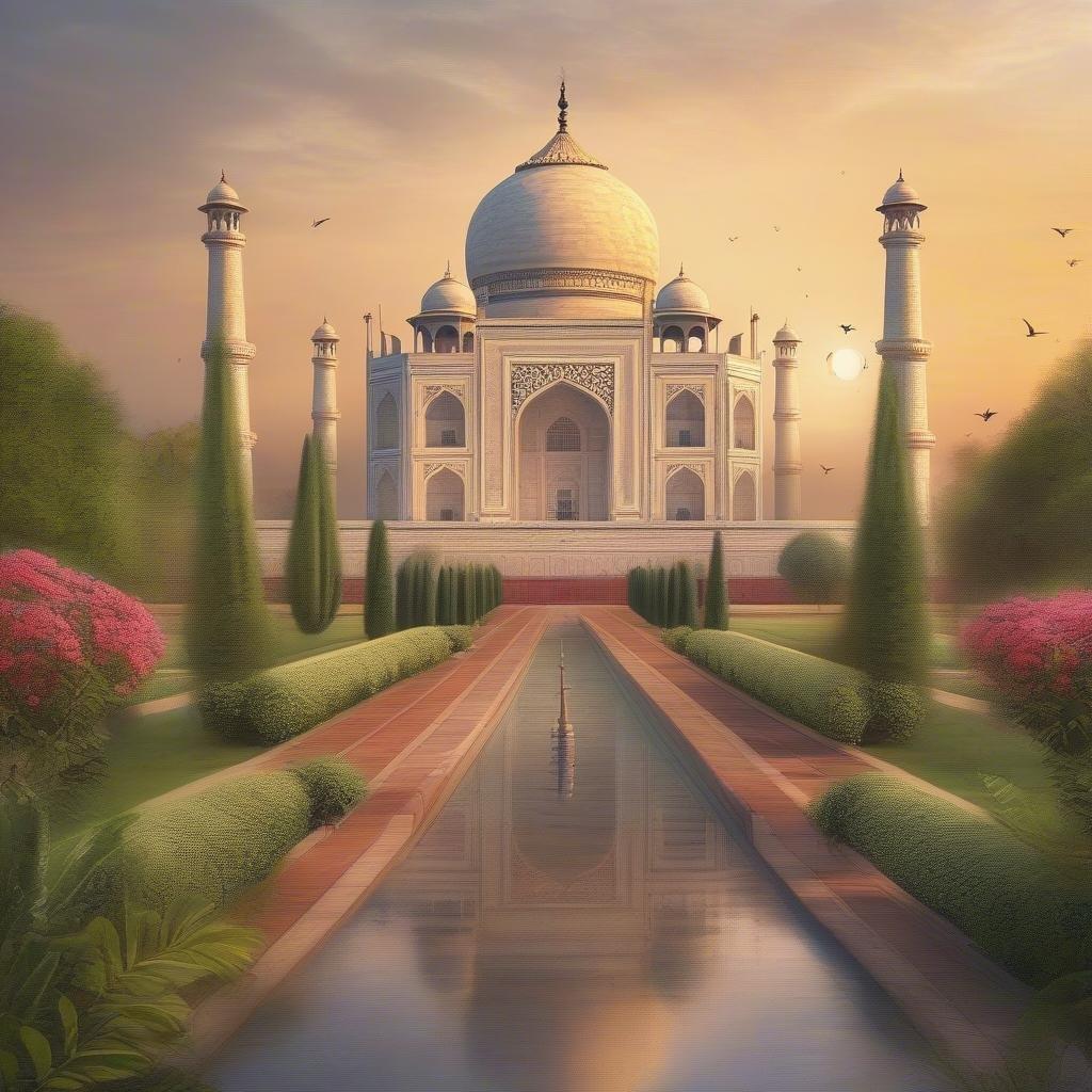 A scenic view of the historic Taj Mahal during a serene sunset, with reflective water pond in front.