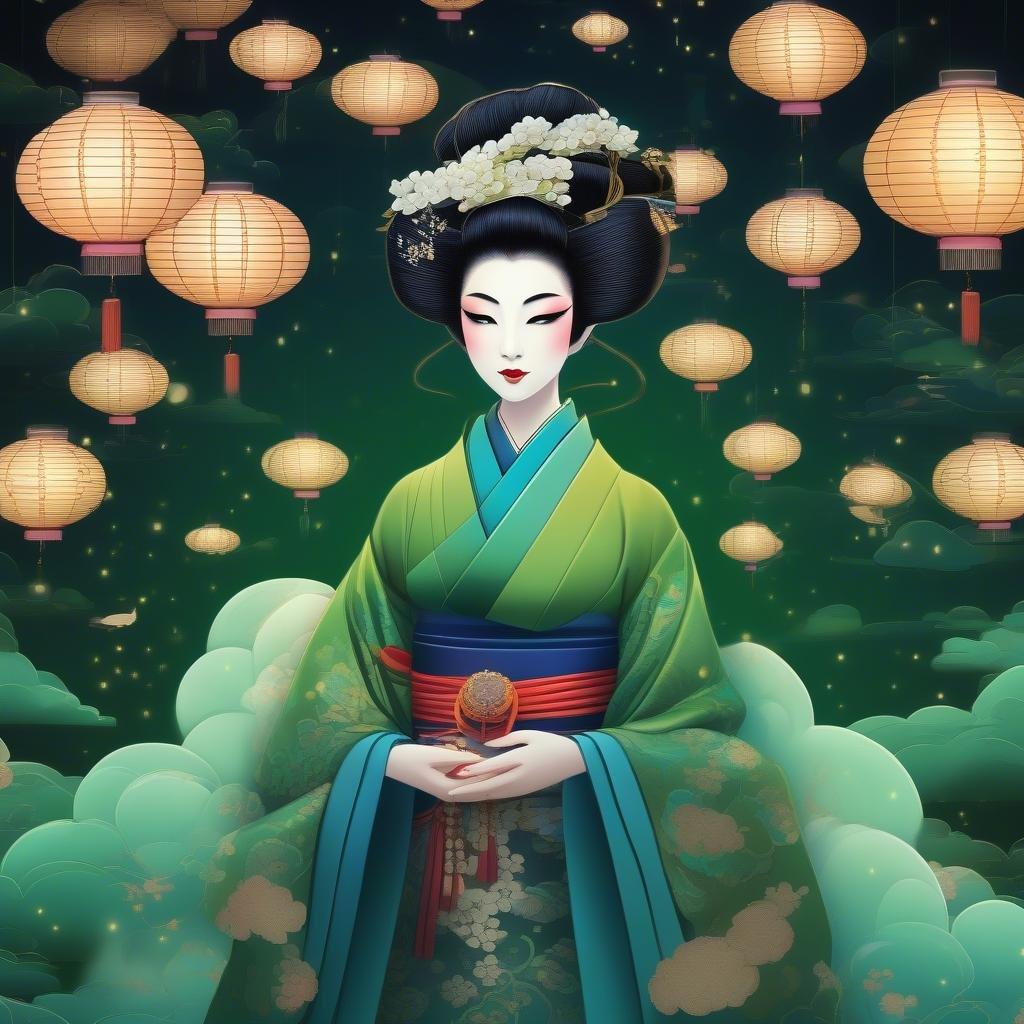 Dyk ner i den förtrollande världen av anime med denna fängslande bakgrund som visar en geisha omgiven av lysande lyktor.