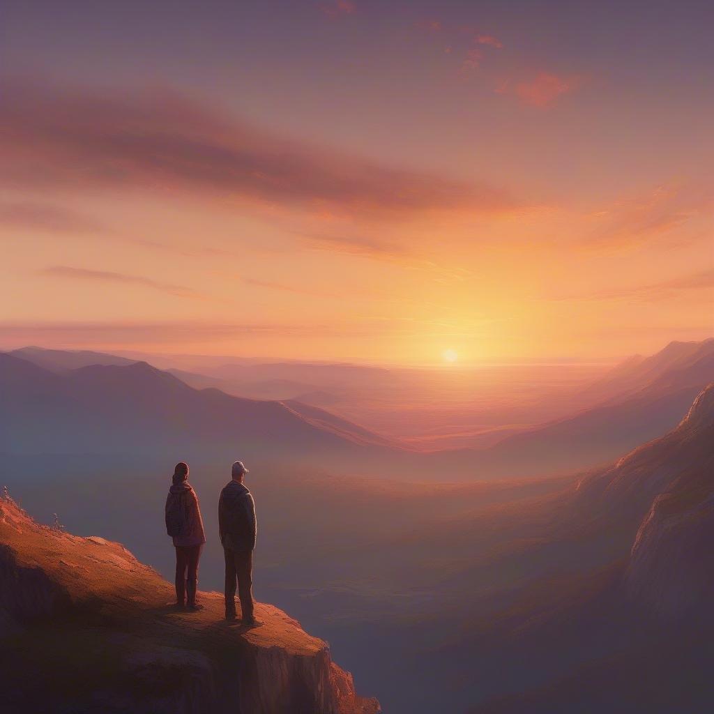 A couple watches the sun setting over the mountains, capturing the beauty of nature.