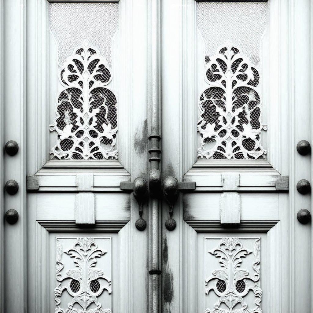 This black and white wallpaper showcases the classic elegance of an ornate wooden door. The intricate designs on either side give a touch of vintage charm to any desktop or mobile background.