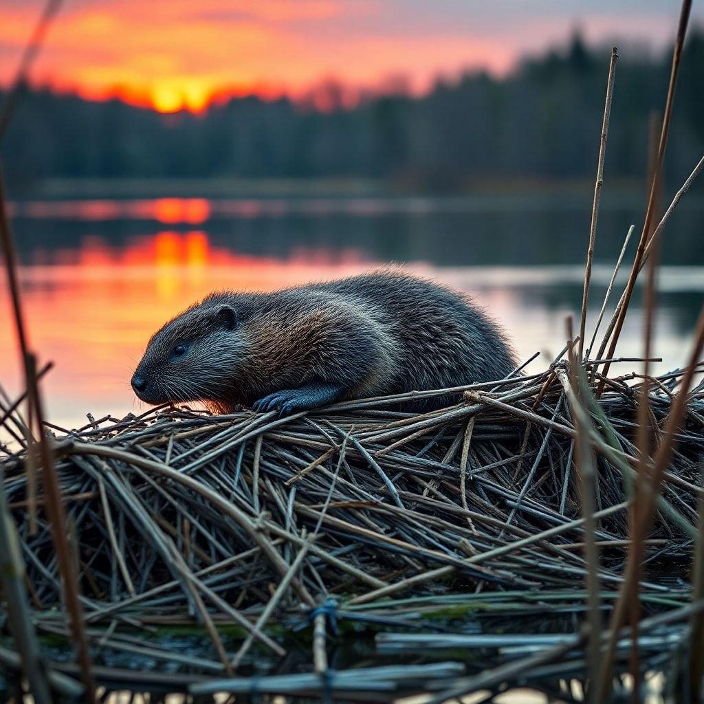 A baby beaver nuzzling up to the nesting material on a calm lakeside, embodying nature's serenity.