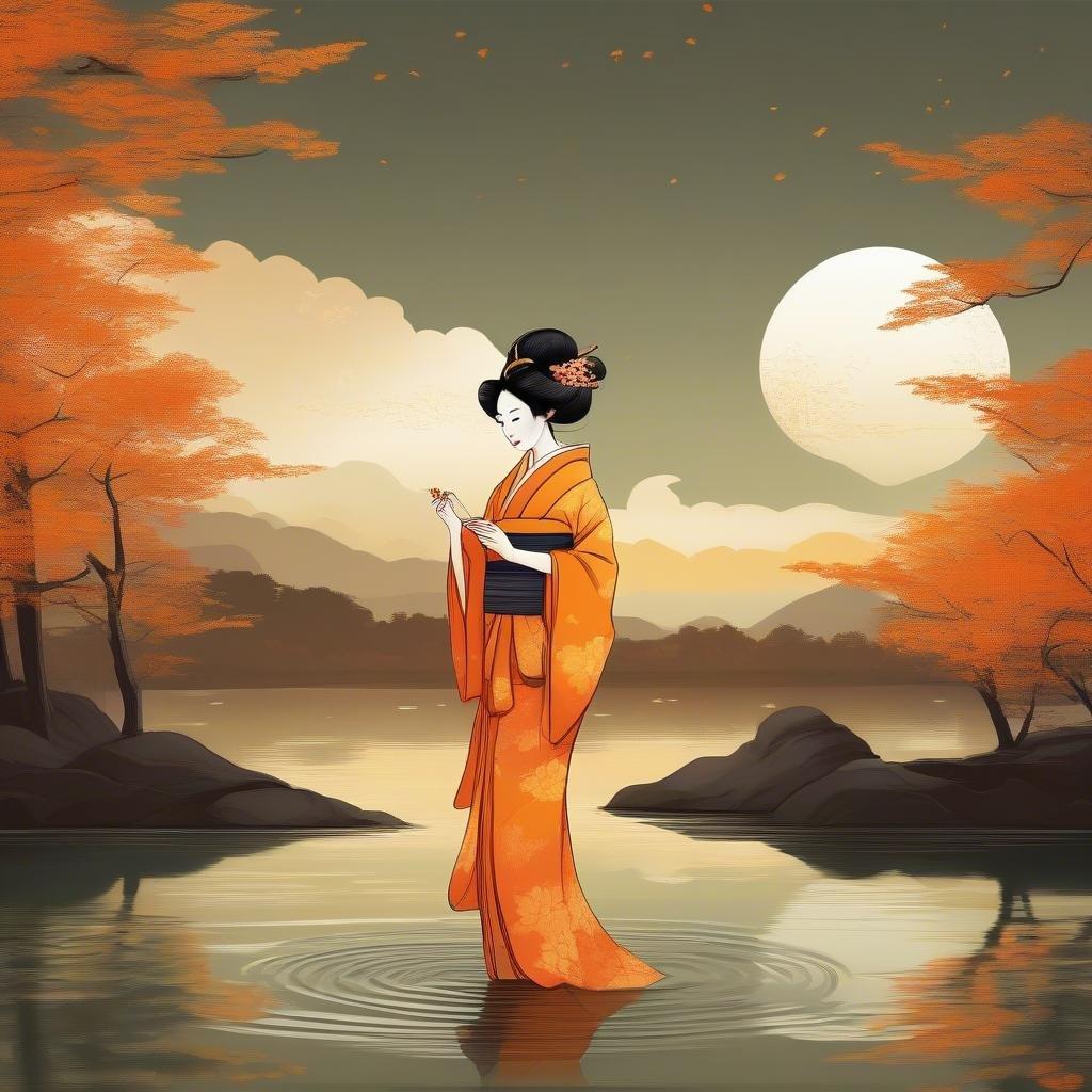 A detailed digital illustration depicting a geisha in traditional attire standing serenely on the edge of a lake, surrounded by autumn foliage with a full moon adding a touch of mystique.