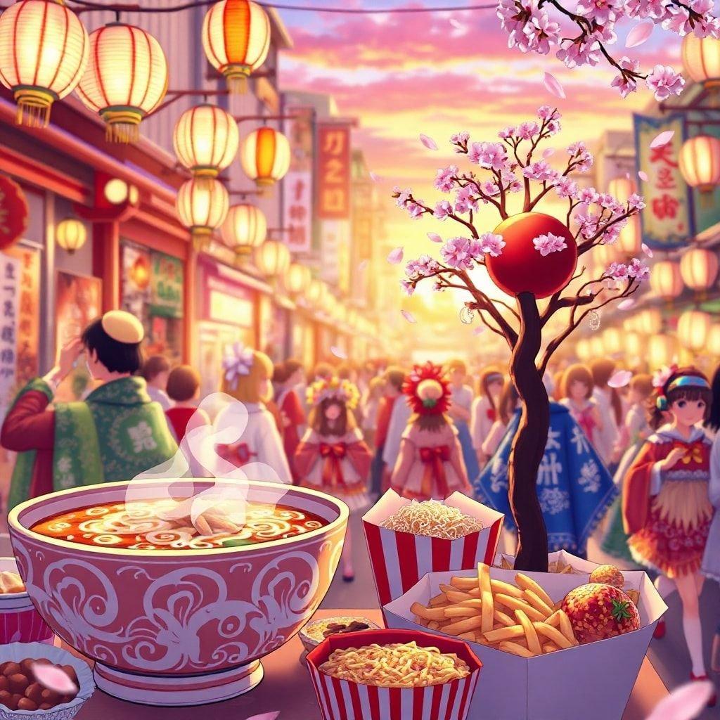 Step into the vibrant world of anime with this stunning wallpaper, capturing the essence of a bustling street festival. Elaborate costumes and food stalls come alive in this lively scene, inviting you to immerse yourself in the anime experience.