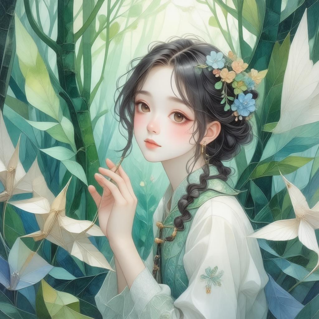 Immerse yourself in the captivating world of anime with this stunning wallpaper, featuring a young girl trapped within an intricate origami crane, surrounded by a kaleidoscope of green and blue hues.