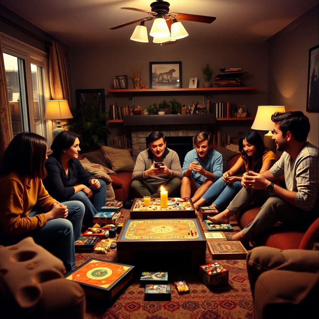 A group of friends enjoying a game night in a cozy living room, surrounded by board games and snacks.