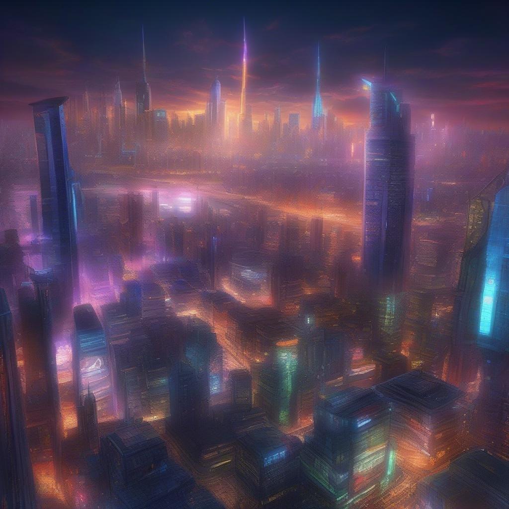 This image captures the futuristic charm of a cyberpunk city skyline during dusk, where neon lights from towering skyscrapers glow against the twilight. A sprawling metropolis unfolds with bustling streets and illuminated signs in the foreground, leading to the horizon where a smoggy haze sets the stage for the city's luminescent stars.