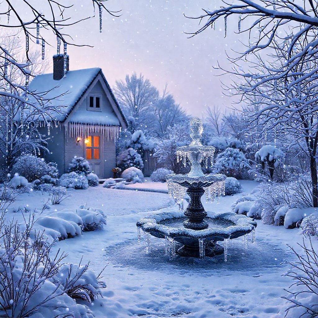 A quaint house nestled in a winter wonderland, with snow-covered trees and frozen water features adding to the festive atmosphere.