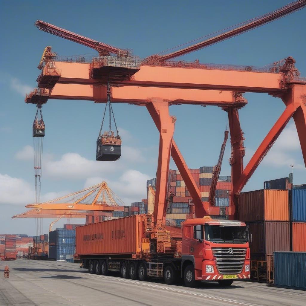 Une grande grue orange soulevant un conteneur lourd, avec un camion à proximité et divers conteneurs d'expédition en arrière-plan.