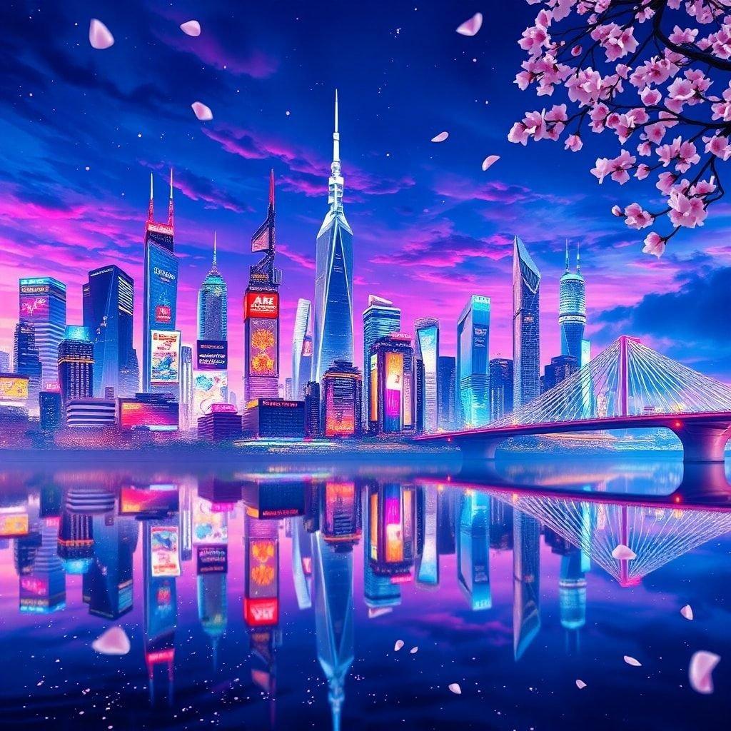 Tauchen Sie ein in die lebendige Welt des Anime mit diesem atemberaubenden Stadtlandschafts-Wallpaper, das eine futuristische Metropole bei Dämmerung mit einer neonglühenden Skyline, einem ruhigen See und einer fernen Brücke zeigt.