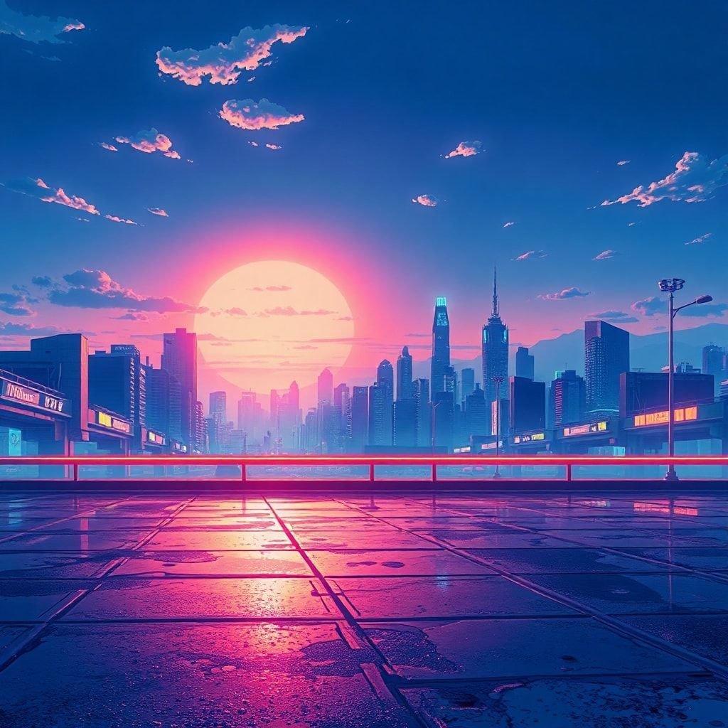 Immergiti nel vibrante mondo dell'anime con questo straordinario paesaggio urbano al tramonto, dove le luci al neon danzano sul pavimento bagnato e un lontano skyline aggiunge profondità alla scena.