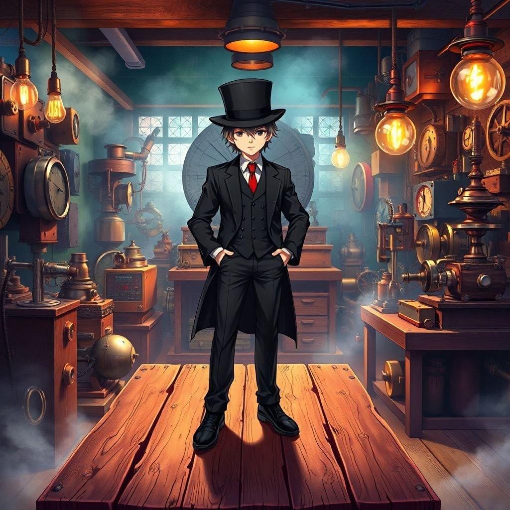 Immerse yourself in the captivating world of anime with this stunning steampunk-inspired wallpaper, featuring a brilliant inventor in a black suit and hat, surrounded by intricate clockwork and a rich array of tools and equipment.