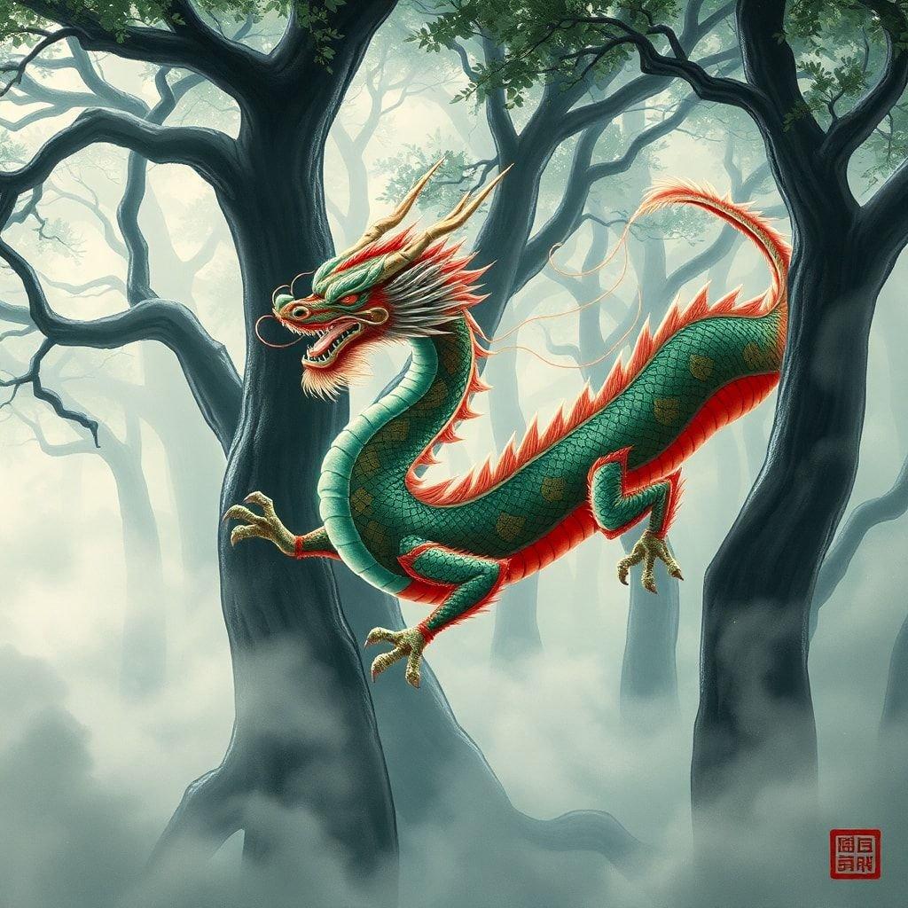 Majestic Chinese dragon ascends into a mystical forest, showcasing its vibrant green scales and fierce golden eyes. This wallpaper captures the essence of Eastern mythology and serene nature.