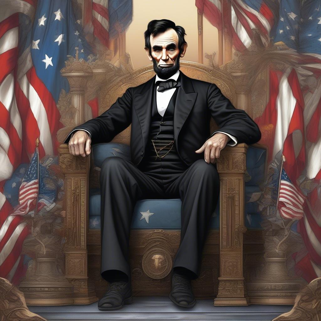 Stylish portrait of the famous American President, Abraham Lincoln, seated in a throne-like chair. A great addition to your desktop or mobile background.