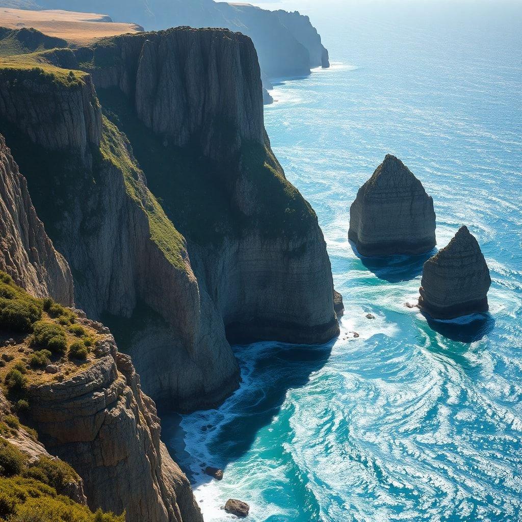 This stunning wallpaper features a breathtaking view of ocean cliffs, perfect for anyone who loves the ocean and beach. The image showcases the natural beauty of the ocean and its surroundings, making it a great addition to any room.