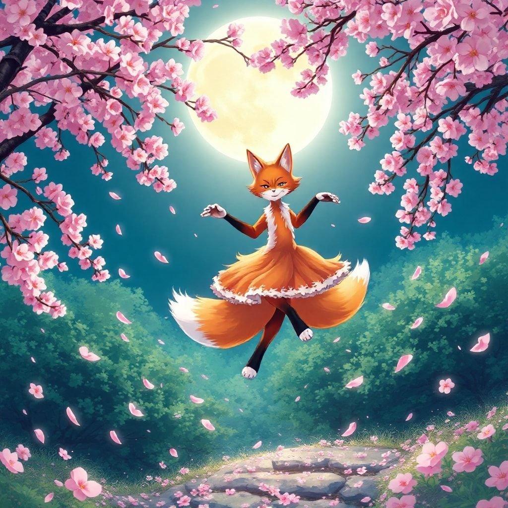 Dieses Wallpaper zeigt eine beeindruckende Anime-Illustration eines Fuchsgeistes, der unter einem Vollmond zwischen Kirschblüten tanzt. Der Fuchs mit seinem lebhaften orangefarbenen Fell und weißen Pfoten ist der Mittelpunkt des Bildes, umgeben von einem üppigen Wald mit rosa Kirschblüten, die eine bezaubernde Atmosphäre schaffen.