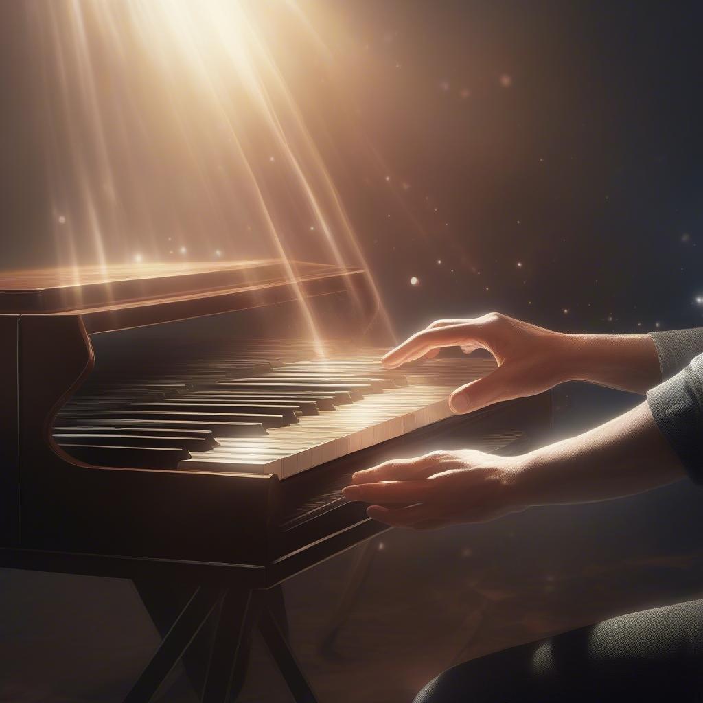 The musician plays a grand piano in a magical room that seems to inspire creativity.